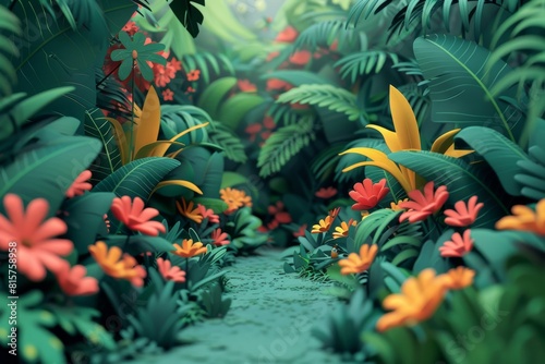 A beautifully rendered digital illustration of a lush tropical forest path  surrounded by vibrant  colorful flowers and foliage. 