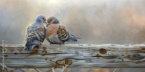 Ethereal Embrace: Two Mourning Doves Nestling Together on a Misty Morning