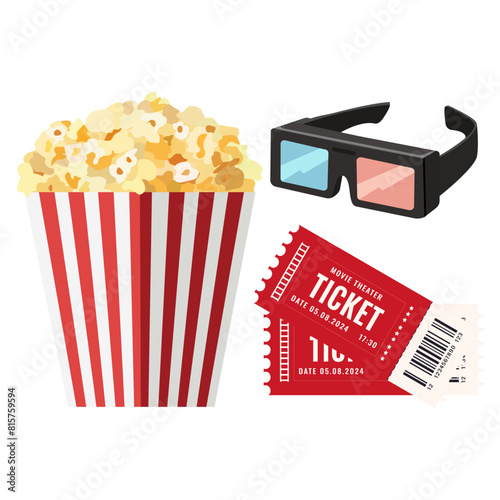 Movie theater icon set with popcorn,  ticket and 3d glasses. Time in the movie theater. Vector image. Isolated on white background	