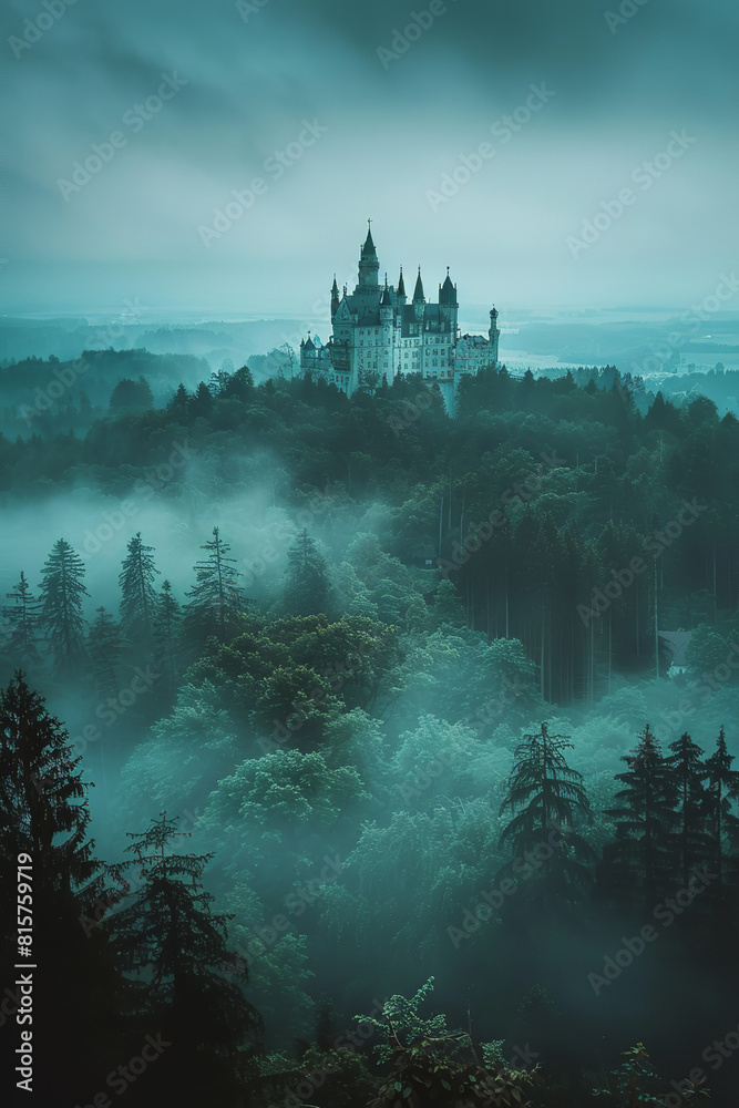Enchanted Twilight Castle with Fog Over Mystical Forest  