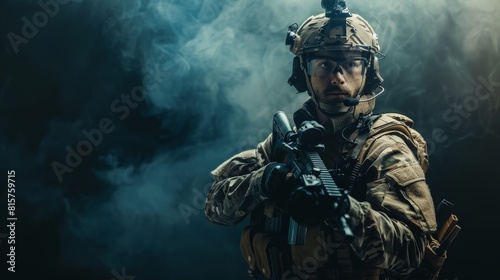 A soldier in full combat gear, armed with an assault rifle, stands in a dark, smoky room.