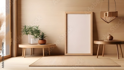 Japanese style wooden cabinet poster mockup  blank vertical clear frame for wall art mockup on table  soft bronze color wall theme of the room  interior design background