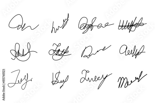 Fake manual signature for documents. Handwritten autograph set. Scrawl signature