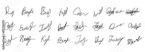 Fake manual signature for documents. Handwritten autograph set. Scrawl signature