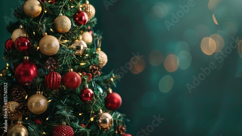 A Christmas tree adorned with red and gold ornaments against a vibrant green background