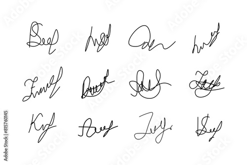 Fake manual signature for documents. Handwritten autograph set. Scrawl signature