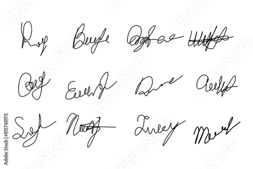 Fake manual signature for documents. Handwritten autograph set. Scrawl signature