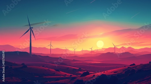 beautiful sunset over a field of wind turbines