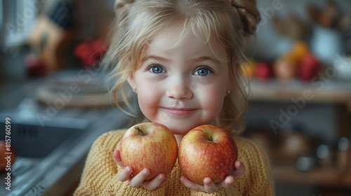 This is a funny concept of a girl eating apples in the kitchen  promoting health and nutrition.