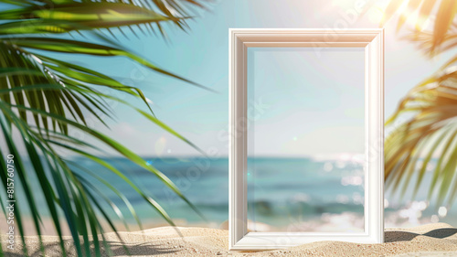 a white frame on a summer background with palm leaves on beach