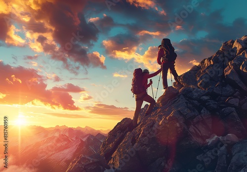 A dramatic shot of two hikers helping each other reach the summit, with mountains and sunset in the background