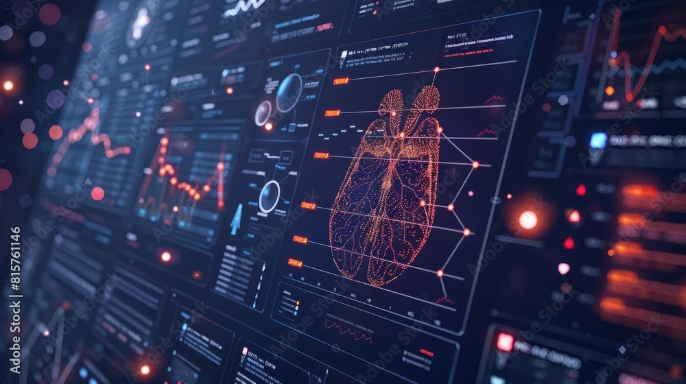 futuristic control panel with a 3D model of a heart. It could be used in a medical setting or in a science fiction movie.