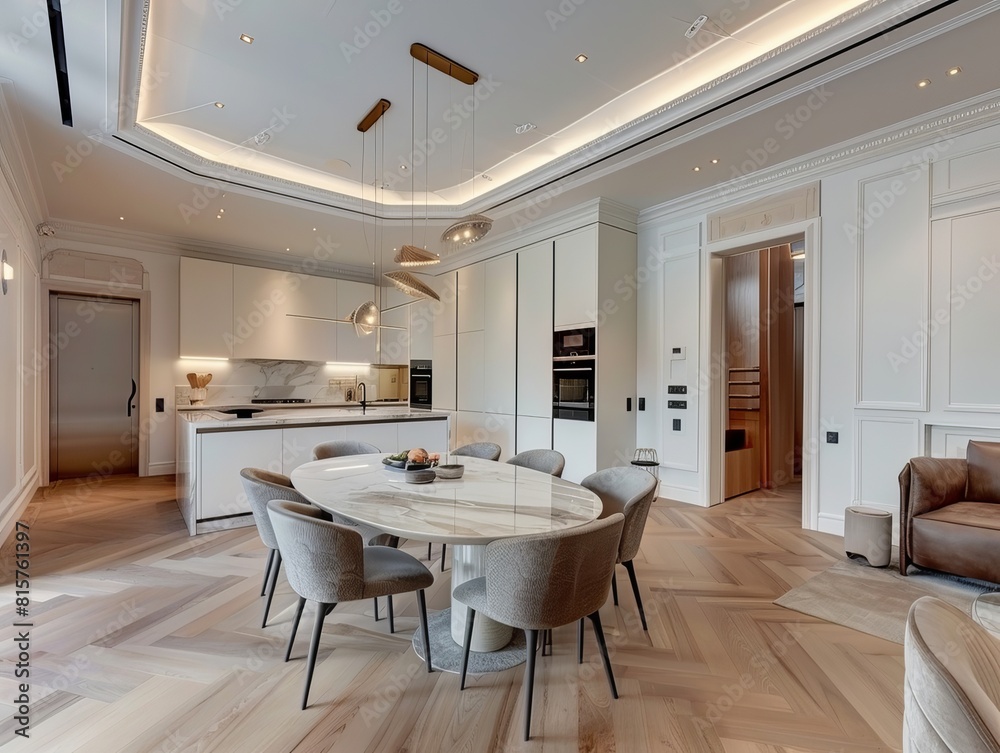A spacious and beautifully designed dining room interior with modern furniture and luxurious finishes