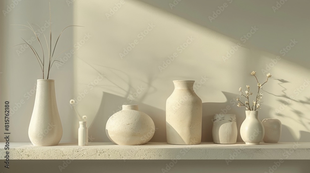 still life of several ceramic vases and dried plants on a white shelf against a beige background. still life of several ceramic vases and dried plants on a white shelf against a beige background.