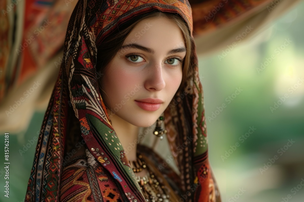 Picturesque Beautiful Georgian girl portrait. Pretty gorgeous woman wearing stylish colorful outfit. Generate ai