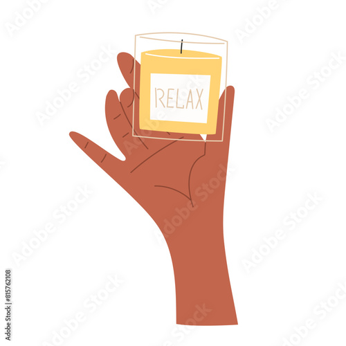 Scented candle in hand in flat style