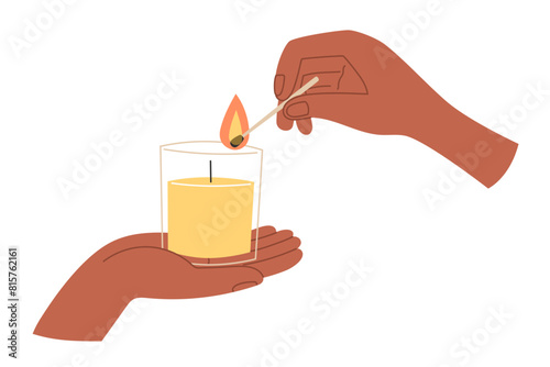 Scented candle in hand in flat style