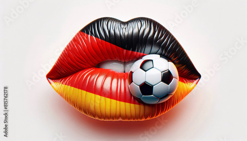 Lippen in den deutschen Farben schwrz, rot, gold mit einem Fußbal, 2024, copy space