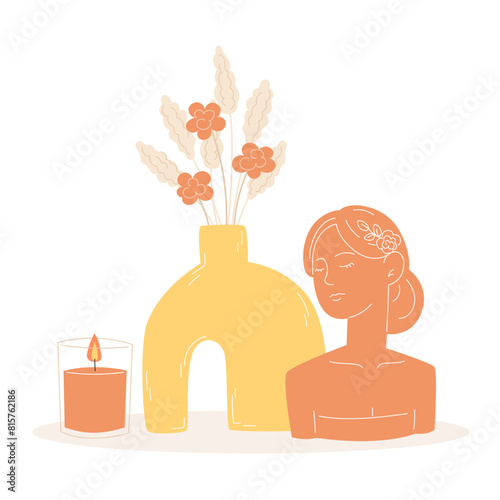 Aromatherapy and relaxation as interior decor in flat style
