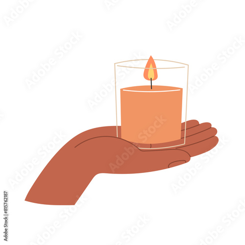 Scented candle in hand in flat style