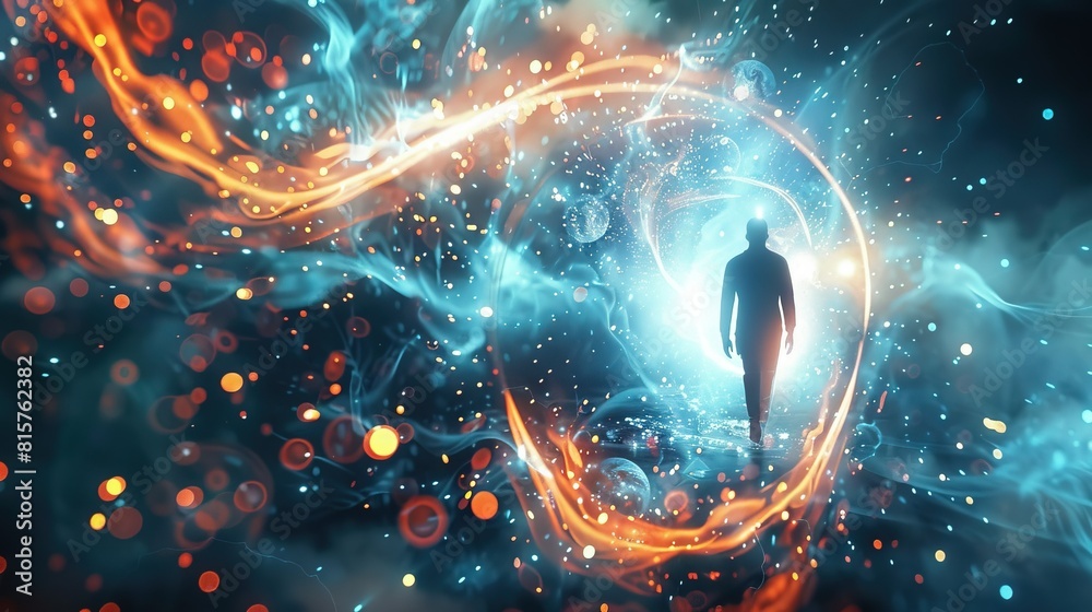 Quantum teleportation device activation, particles swirling, teleporting human