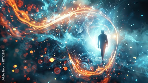 Obraz na płótnie Quantum teleportation device activation, particles swirling, teleporting human w salonie