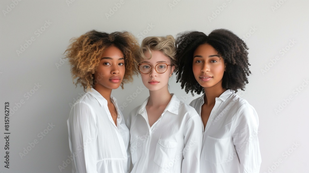three young multiracial woman in casual shirts posing together against three young multiracial woman in casual shirts posing together against