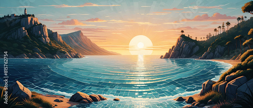 illustrazione di suggestivo tramonto su una baia circondata di monti