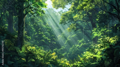 The lush green foliage of the forest creates a dense canopy  blocking out the sunlight and creating a cool  shady retreat.