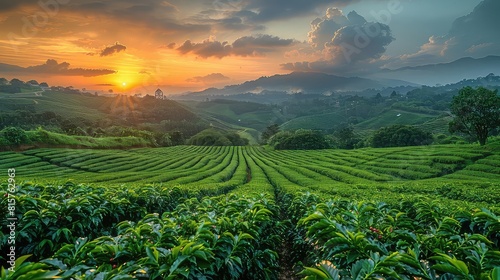 Sunrise over a coffee plantation with a giant clock emerging from the fields, time to harvest, panoramic view