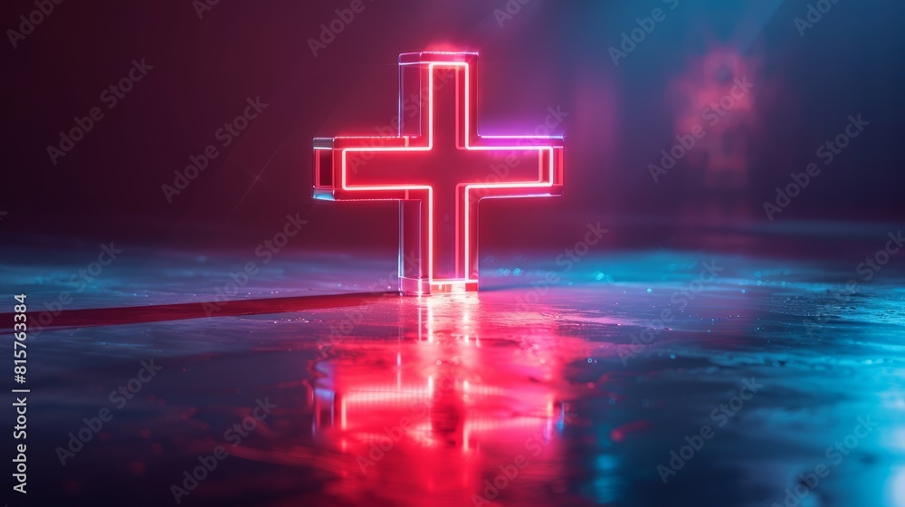 Fototapeta premium The red glowing cross in the center of the image is the focal point of this abstract Christian-themed image.
