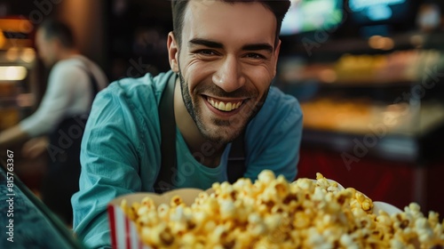 Smiling young handsome man working at a movie theater cafeteria serving a box of popcorn. 