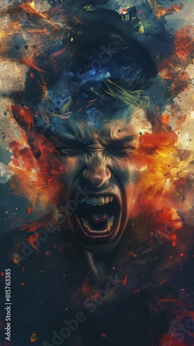 Painting of a man with a face full of fire and smoke. Vertical background 