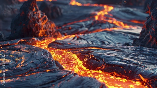 molten lava cascading down the rugged terrain of a mountain, showcasing the intense heat and power of the flowing lava