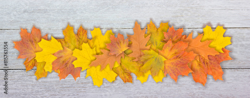 Autumn maple leaf on a gray wooden background. Fall season foliage. View from above. Banner.