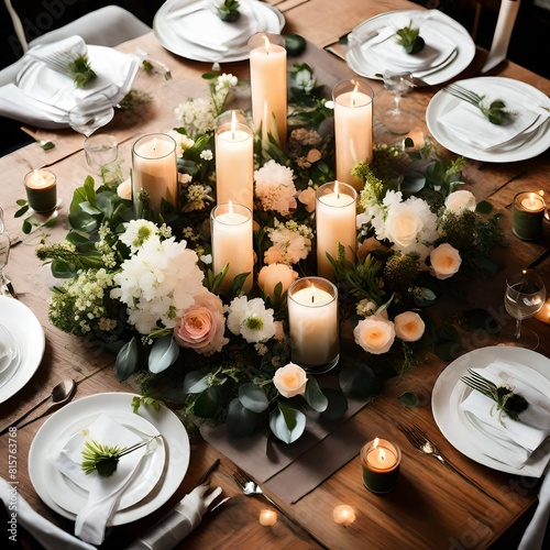 A top view of a glass candle centerpiece on a dining table, surrounded by fresh flowers and lush greenery, creating a romantic and enchanting ambiance