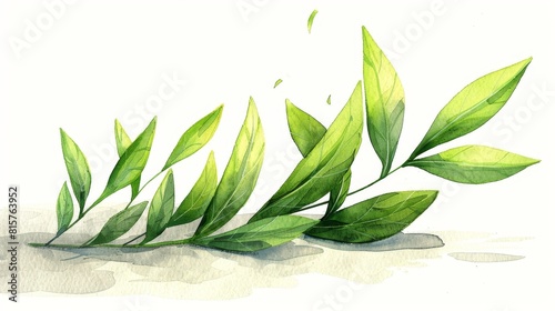 Watercolor painting of a sprig of fresh tarragon, detailed and natural, on a plain white background with space for text.