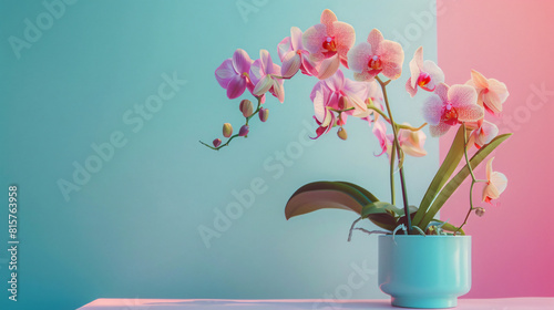 Beautiful orchid plants on table against color background