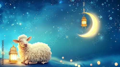 Eid al adha mubarak greeting banner cute white sheep with crescent moon and fanous lantern on blue starry background photo