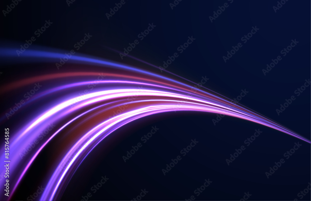 Naklejka premium Light motion trails. High speed motion blurred light effects at night in blue and red colors. Glowing spark swirl trail tracing on dark blue background. Abstract light lines of movement and speed.