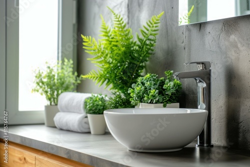 Chic, contemporary bathroom interior featuring a white vessel sink, faucet, and fresh greenery