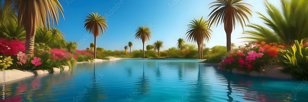 Obraz premium Nature bacground a peaceful desert oasis with clear blue water, lush green palm trees, and colorful flowers blooming around the water's edge