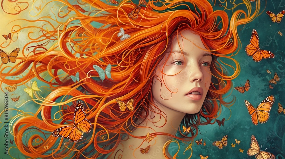 Redhead girl with butterflies in her hair, magical atmosphere. Mother Earth illustration Redhead girl with butterflies in her hair, magical atmosphere. Mother Earth illustration