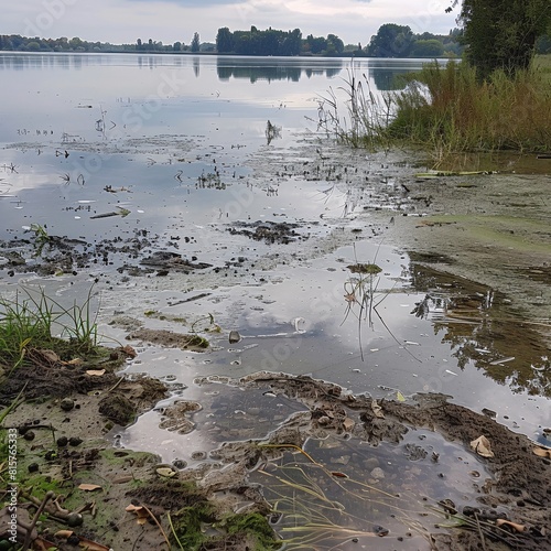 A detailed photograph of a dirty lake bottom, showcasing the murky water filled with muck and various debris