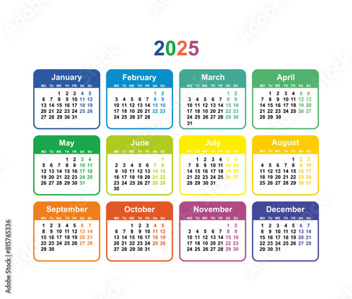 Calendar grid 2025 colorful vector Simple layout of pocket or wall calendar on white