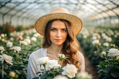 Portrait of a beautiful woman gardener with brown hair in a straw hat working with roses in a glass greenhouse. © Юлия Клюева