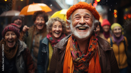 Joyful group of seniors laughing together on a rainy day.  Generative ai