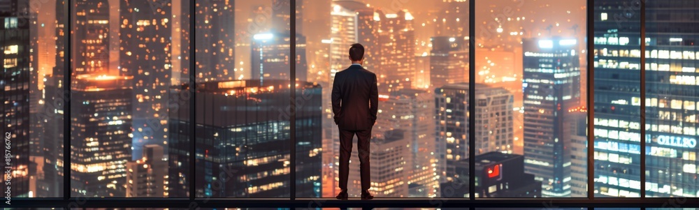 Man standing on a ledge looking out at a city