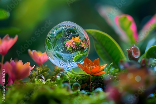 Water droplets on moss, reflecting colorful flowers, In front orange flower with petals, reflected in the crystal ball, scene evokes nature's beauty and tranquility
