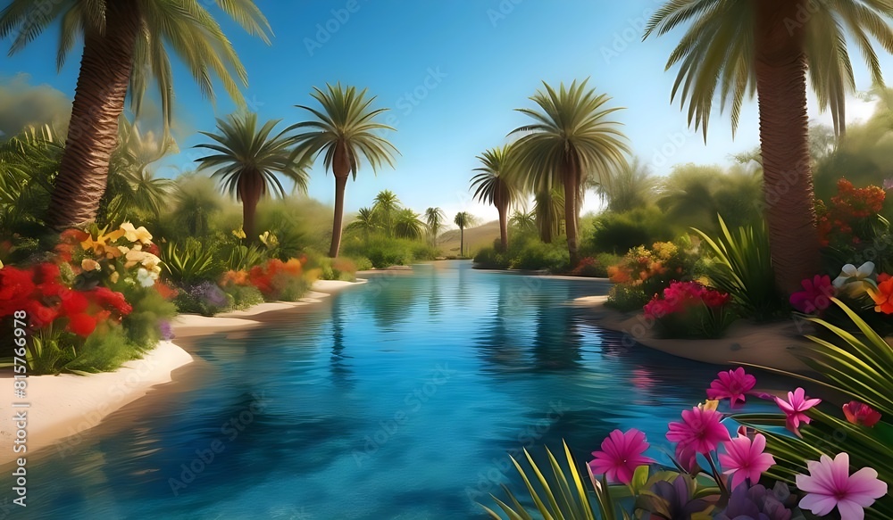 Fototapeta premium Nature bacground a peaceful desert oasis with clear blue water, lush green palm trees, and colorful flowers blooming around the water's edge